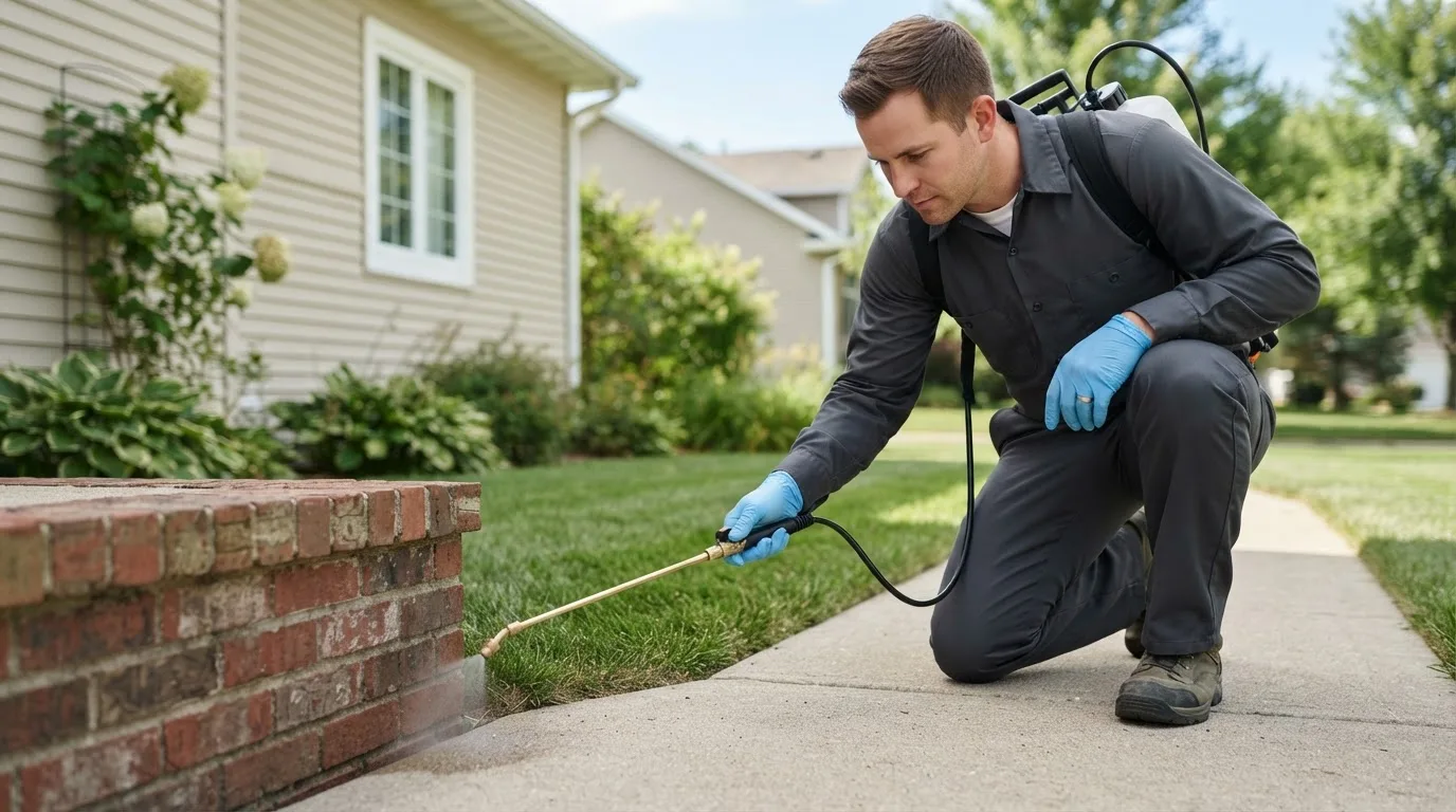 Pest control technician treating a home near Le Roy, NY